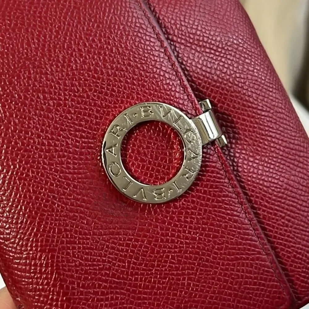 Bvlgari Red Textured Leather Compact Wallet with Silver hardware